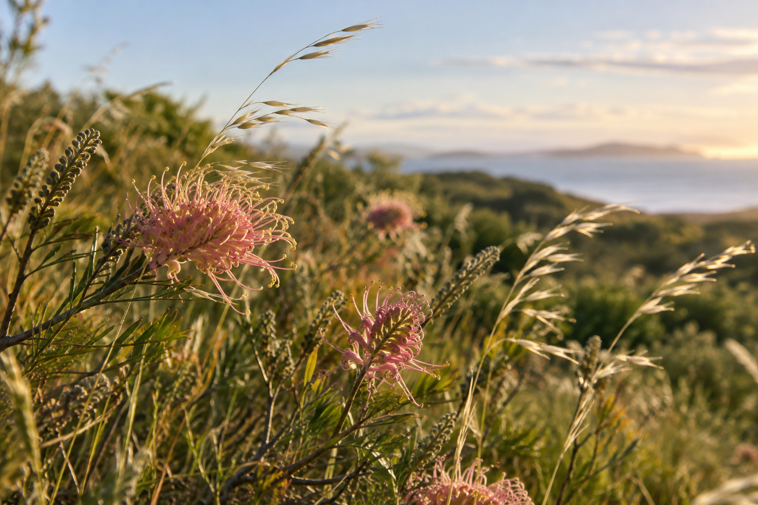 Native wildflowers and grasses in warm light
